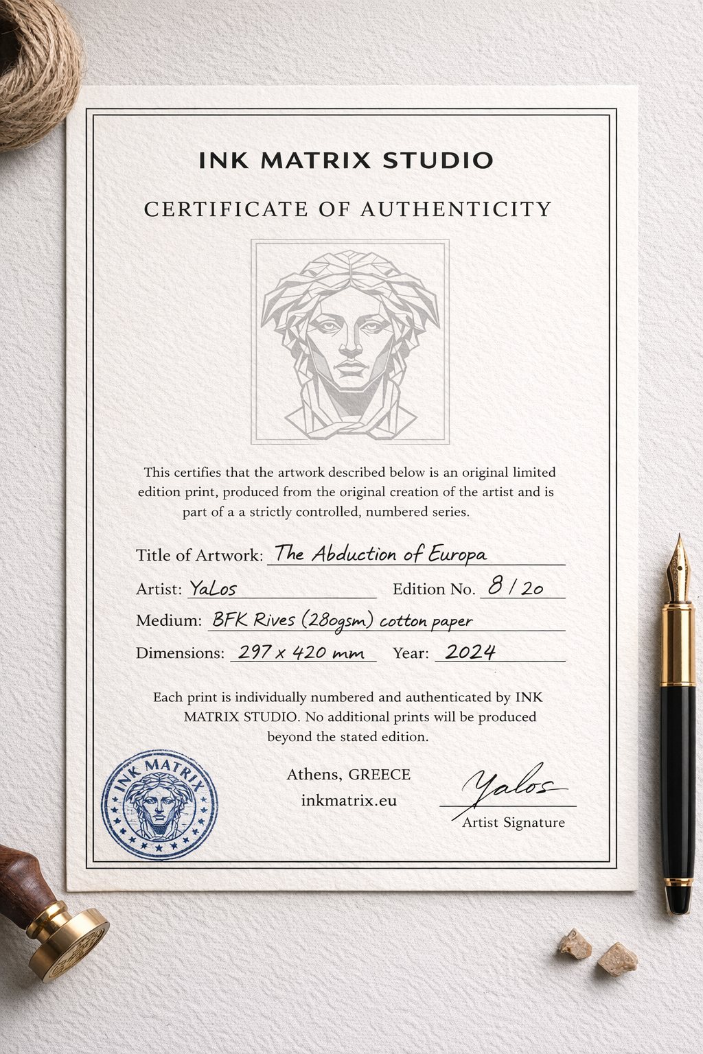 AUTHENTICITY CERTIFICATE INK MATRIX YALOS